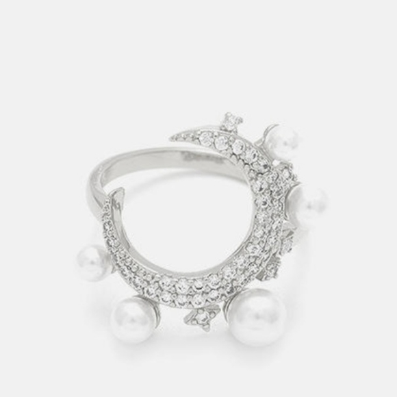 New silver 18k gold plated diamond simulated diamond and water pearl ring size 7 - Picture 5 of 8